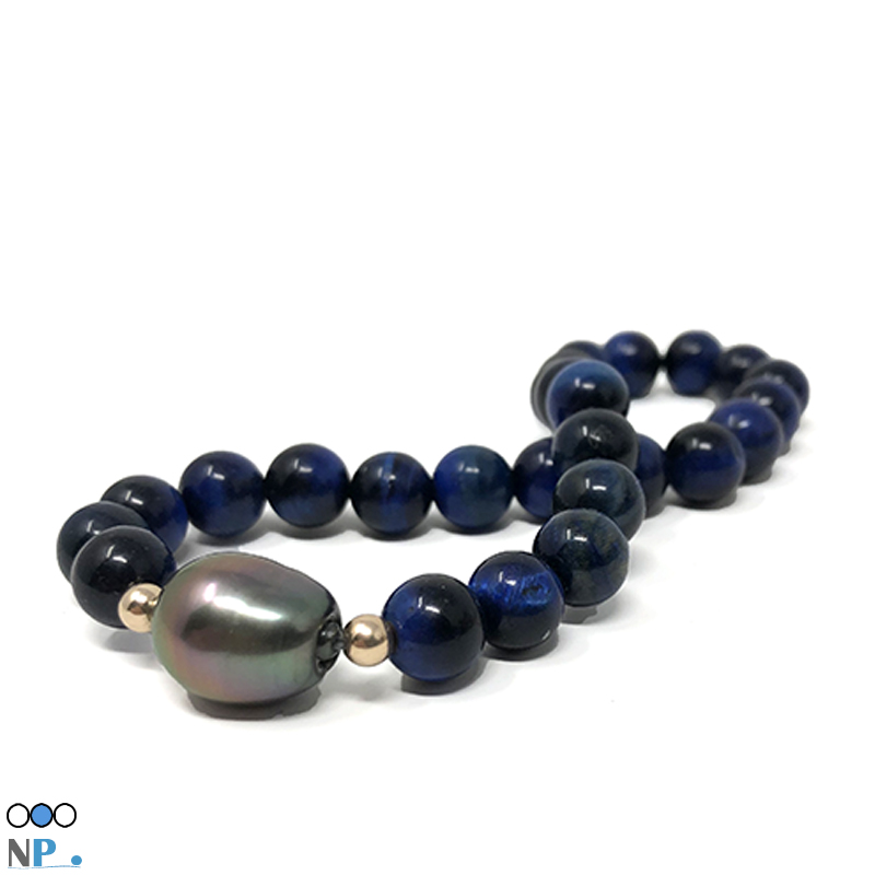 Bracelet de perle de Tahiti en forme de goutte, baroque, entourée de 2 billes d'Or 18 carats et d'un ensemble de Pierre naturelles Lapis Lazuli haut de gamme [AAA] 